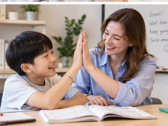 외국인 선생님과 학생이 영어회화를 연습하는 1:1 수업 장면