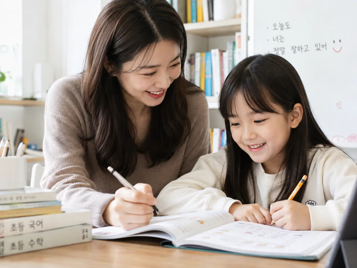 선생님과 초등학생이 교재를 함께 보며 기초 개념과 공부 습관을 익히는 장면